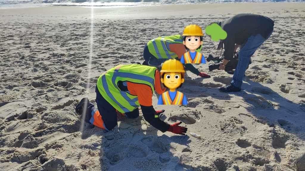 Operarios enviados pola Xunta á praia de Area Maior, este sábado, para a limpeza de pellets. (Foto: María Lago)