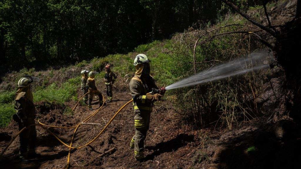 Un equipo de bombeiros traballa na extinción dun incendio declarado a semana pasada en Crecente (A Paradanta). (Foto: Adrián Irago / Europa Press).