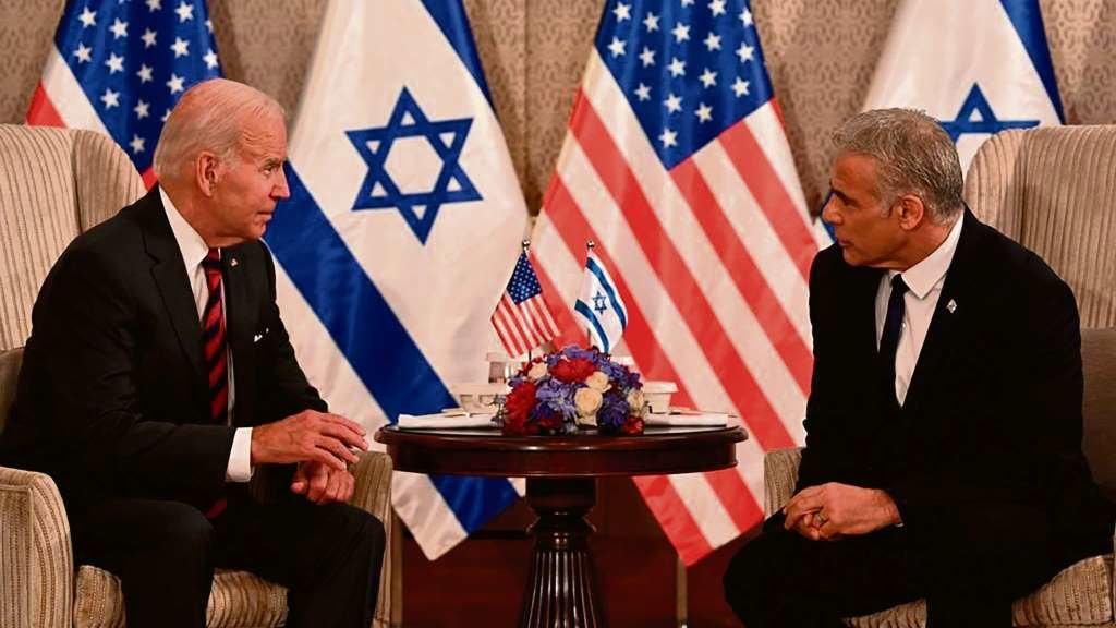 Joe Biden, presidente dos Estados Unidos de América, e Yair Lapid, primeiro ministro de Israel, reunidos esta quinta feira. (Foto:  Kobi Gideon / GPO / dpa)