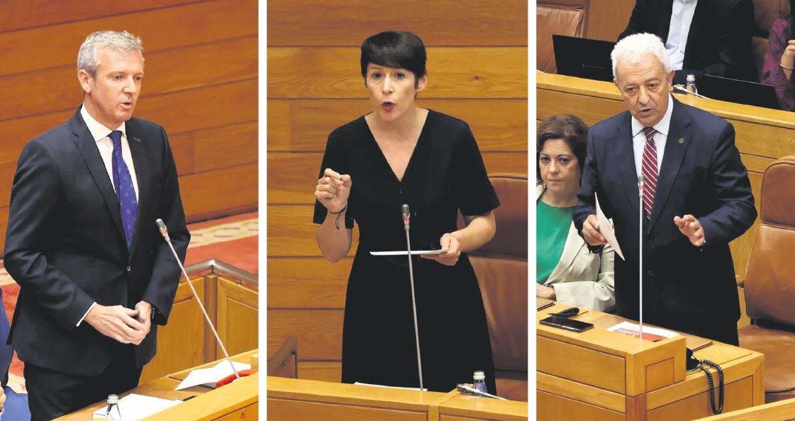 Alfonso Rueda, Ana Pontón e Luís Álvarez durante a sesión de control ao presidente no Parlamento. (Fotos: Arxina)