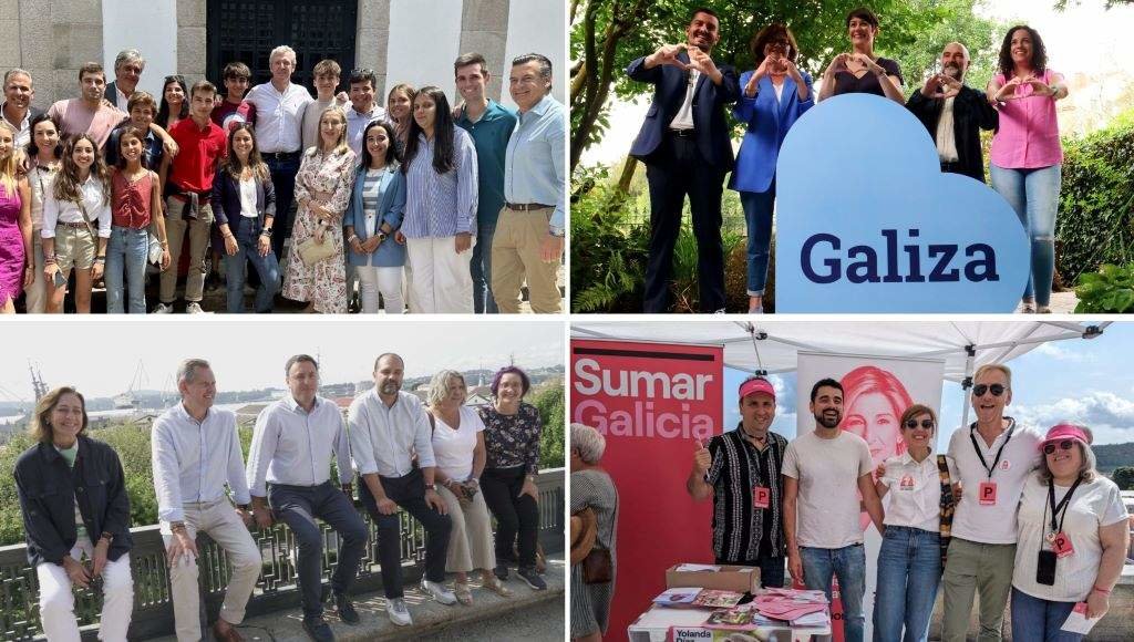 Arriba á esquerda, Alfonso Rueda e Ana Pastor en Pontevedra; e á dereita, Daniel Castro, Carme da Silva, Ana Pontón, Néstor Rego e Noa Presas en Compostela. Abaixo á esquerda, José Miñóns e Valentín Formoso en Ferrol; e á dereita Borja San Ramón e Marta Lois en Laxe. (Fotos: Nós Diario)