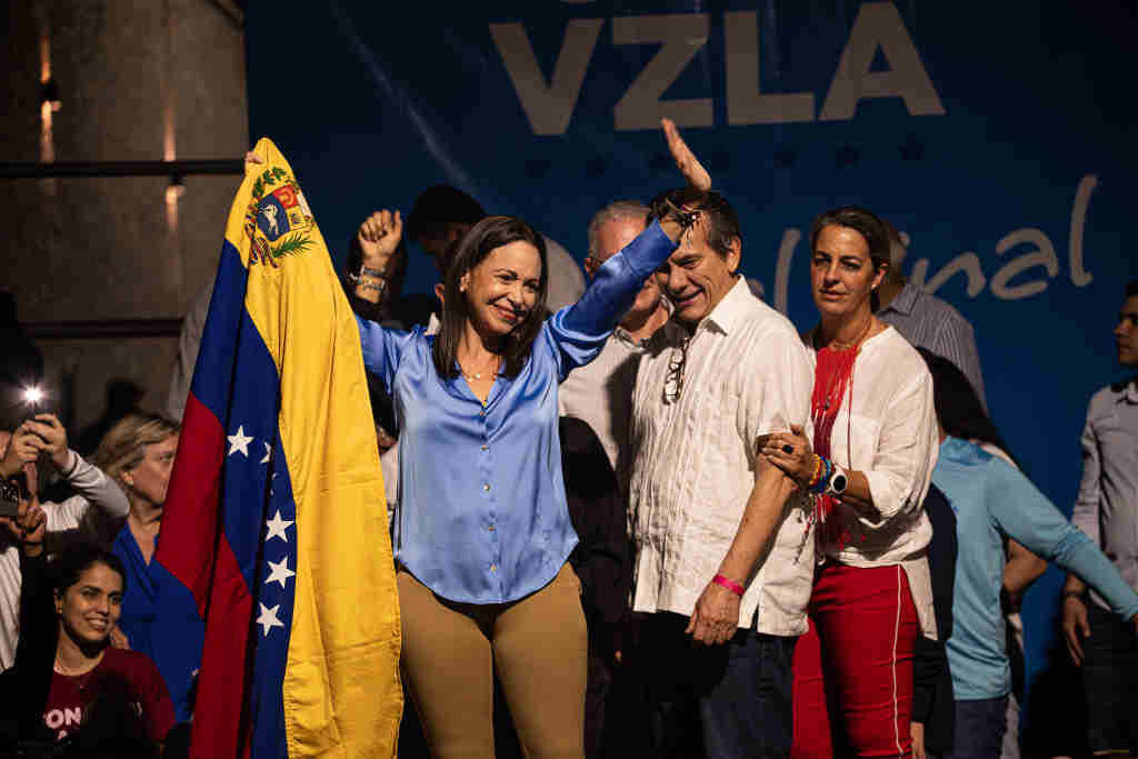 María Corina Machado en Caracas na madrugada do domingo á segunda feira. (Foto: Elena Fernández / Europa Press / Contacto)
