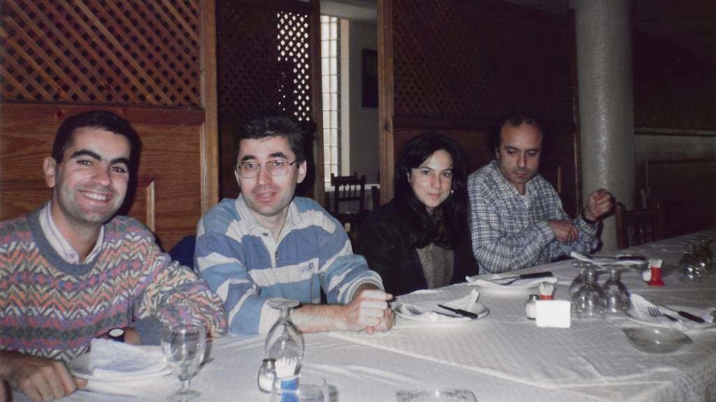 Rafa Villar, Carlos Bernárdez, Luísa Villalta e Manuel Miragaia. Encontro Galeuzca. Andorra, 1996 (Foto: Arquivo X. Carlos Bernárdez).