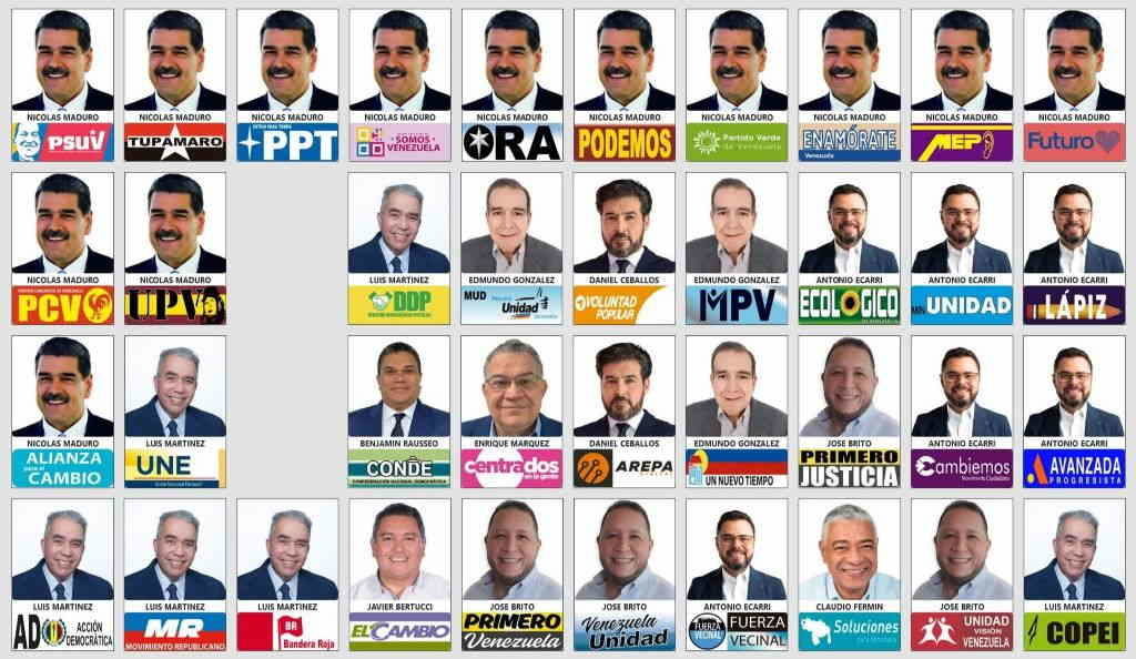 Tarxetón con todas as candidaturas para as eleccións presidenciais de Venezuela. (Foto: Consello Nacional Electoral de Venezuela).