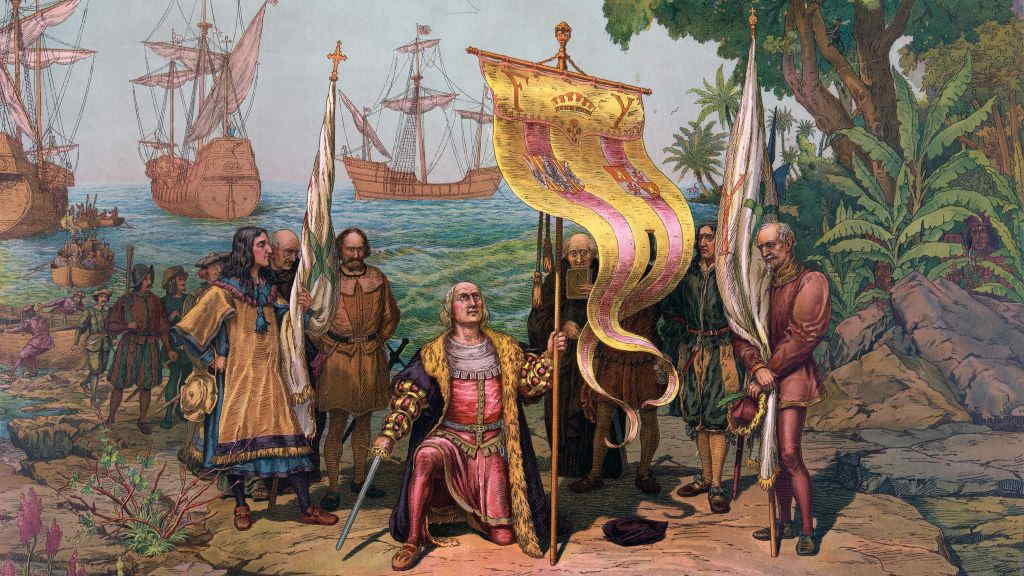 Cristóbal Colón á súa chegada ao continente americano nunha pintura de 1893. (Foto: L. Prang & Co., Boston).