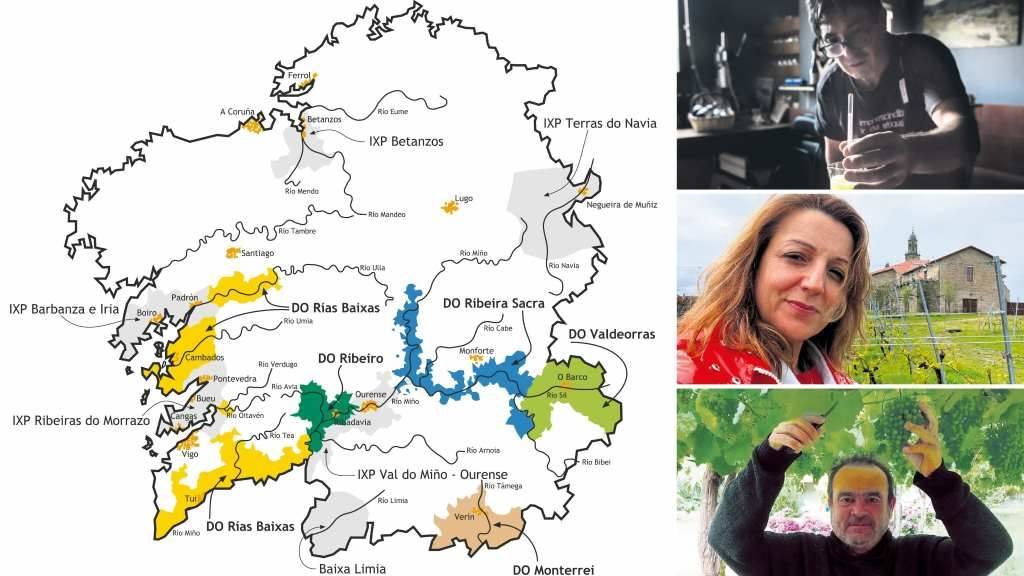 Mapa dos viños da Galiza de 'A nación dos mil viños' (Laiovento, 2022). Á dereita, Cancio na Adega Panchin, Maestre, presidenta de Viños da Galiza; e Rivas, presidente da Fruga-AGV (Foto: Nós Diario).