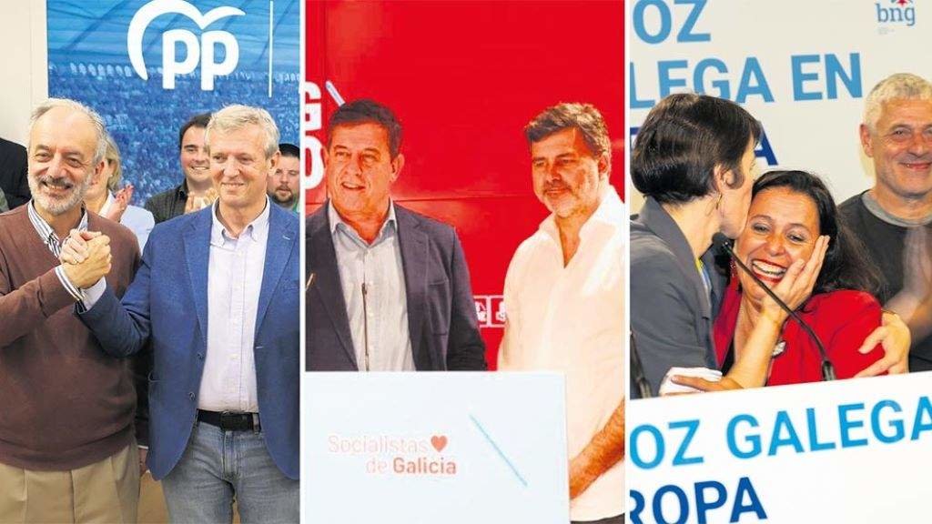 Millán Mon con Rueda, Besteiro con Casares, e Pontón con Miranda e Lobeira na noite electoral. (Foto: Europa Press).