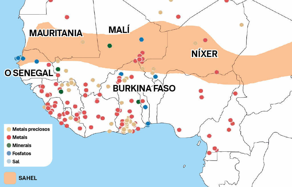Depósitos de minerais e metais no Sahel Occidental e o resto da rexión segundo os datos do Servizo Xeolóxico dos Estados Unidos. (Imaxe: Nós Diario)