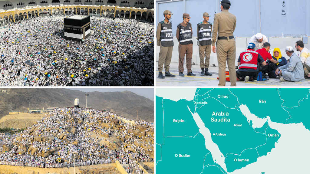 No sentido das agullas do reloxo: Voltas á Kaaba, unha peregrina atendida na Meca, mapa de Arabia Saudita coa localización da cidade e ritual no monte Arafat. (Imaxe: Axencia Saudita de Prensa / DPA vía Europa Press / Nós Diario)