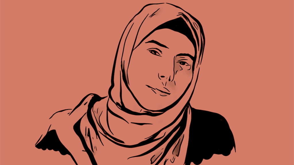 Retrato da poeta e activista feminista Heba-Abu-Nada, asasinada en Gaza en outubro de 2023 polas forzas israelís. (Foto: Maitane Azurmendi).