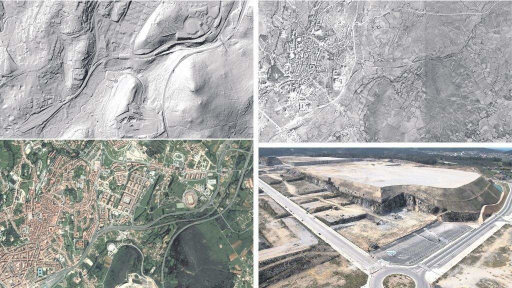 Á esquerda, MDT e foto aérea recente e, arriba á dereita, voo americano sobre Compostela. Polígono de Morás, un millón de m2 explanados por Xestur. (Foto: mapas.xunta.gal - extraco.es)
