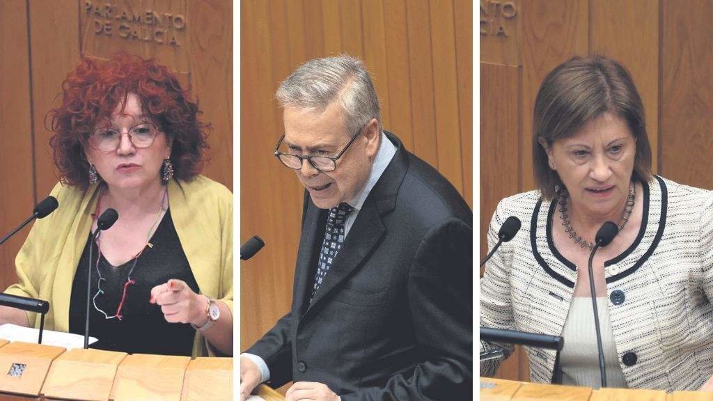 Montse Prado (BNG), o conselleiro de Sanidade, Antonio García Caamaño; e Elena Espinosa (PSdeG). [Fotos: Parlamento da Galiza / Xunta da Galiza / Nós Diario]