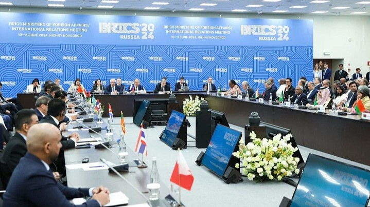 Reunión ampliada dos Brics coa participación dos ministros de Exteriores dos países do Sur e do leste Global en Rusia en xuño. (Foto: Goberno da Federación de Rusia).