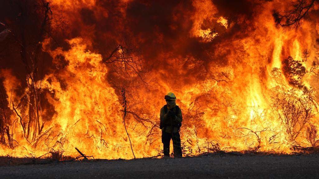 Bombeiro californiano ante as lapas do incendio Park o pasado 25 de xullo. (Foto: Cal Fire / Zuma Press / ContactoPhoto via Europa Press)