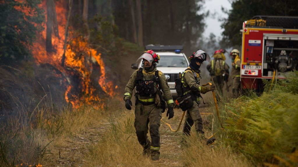 Axentes do equipo de Bombeiros da Galiza traballan para extinguir o incendio de Crecente (A Parandanta). (Foto: Adrián Irago / Europa Press).