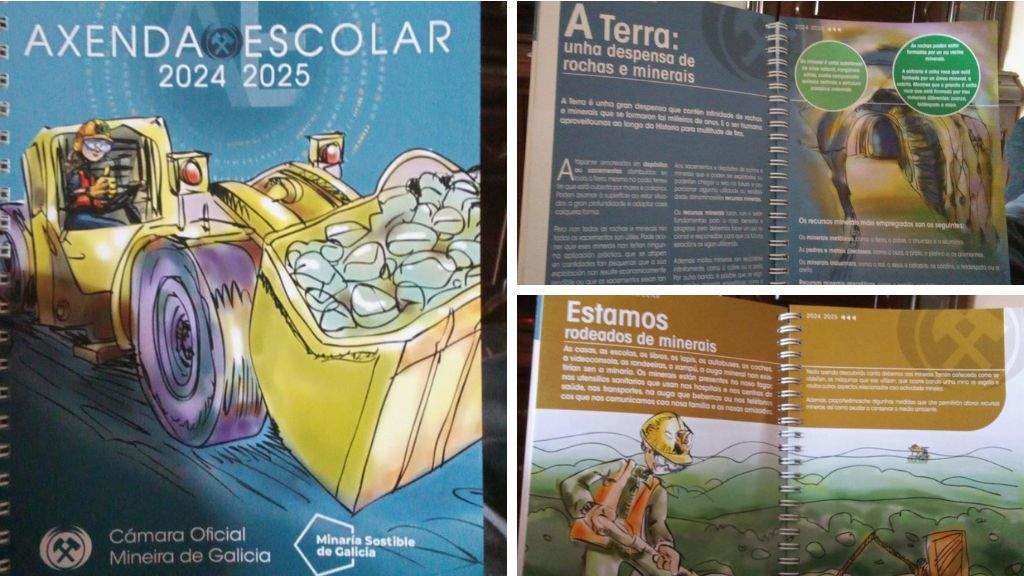 Detalles da axenda escolar promocionada pola Cámara da Minaría da Galiza. (Foto: Nós Diario)