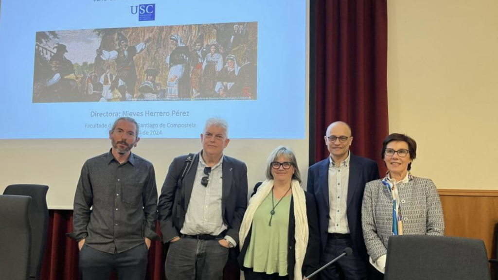 Íñigo Sánchez Fuarros, Xosé Manuel Núñez Seixas, Fátima Braña Rey, Julio Alonso Monteagudo e Nieves Herrero Pérez na defensa da tese de Alonso. (Foto: USC)