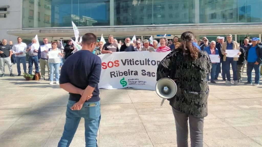 Persoas viticultoras da Ribeira Sacra manifestáronse onte ante a sede da Xunta en Lugo para exixir medidas que lles garantan un futuro digno. (Foto: SLG)