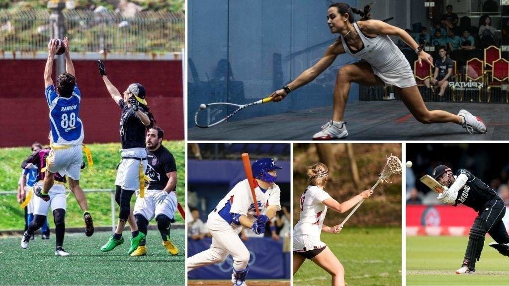 Á esquerda, o Towers A Coruña de fútbol bandeira; á dereita, arriba, a xogadora de squash Marta Domínguez, e abaixo, xogadores de béisbol, lacrosse e crícket.