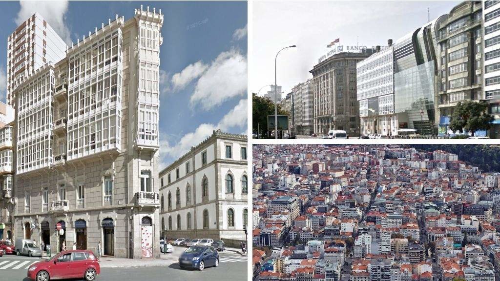 Cornixas públicas e privadas de diferentes tempos. A pelexa publicitaria das bancas na fachada da cidade. O encabalgamento urbano na procura da vista ao mar. (Foto: Google Maps)